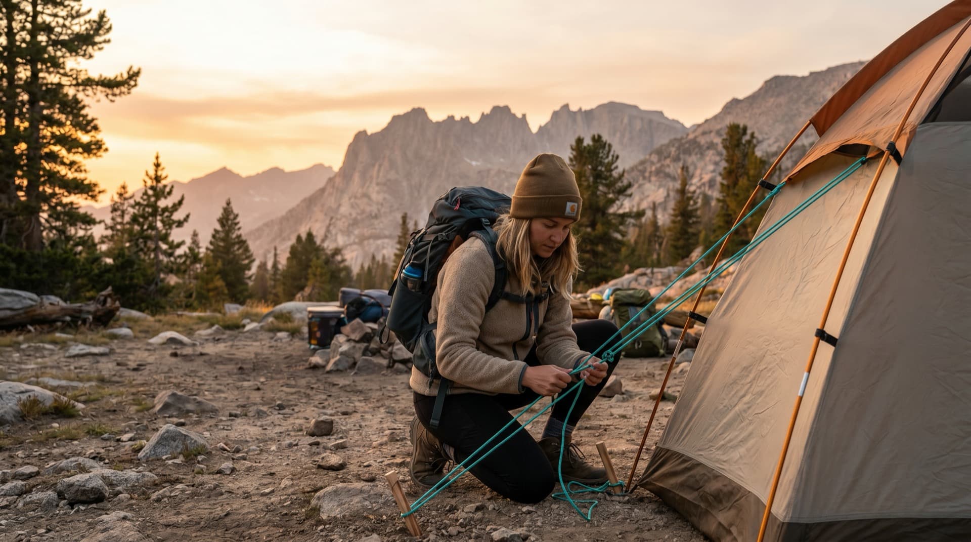 Paracord in action securing wilderness tents and camping gear