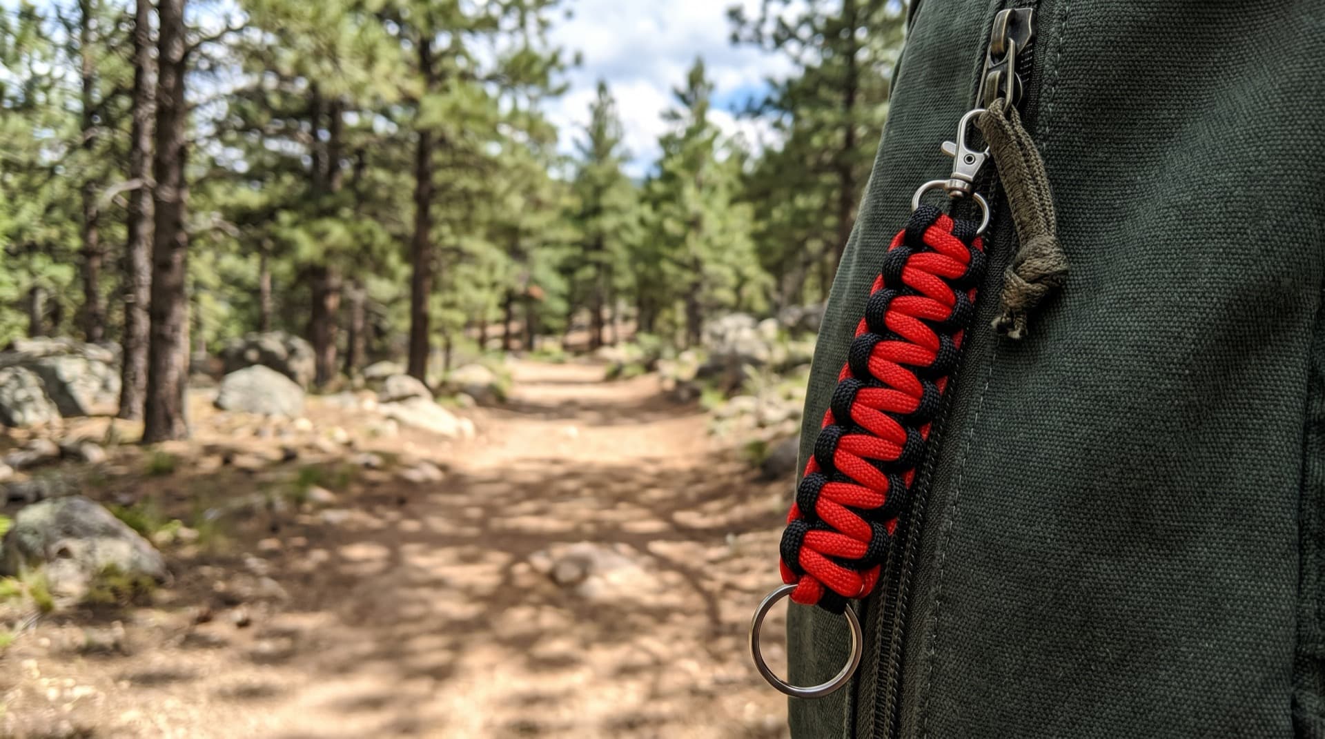 Red and black paracord keychain with sturdy alloy carabiner clips