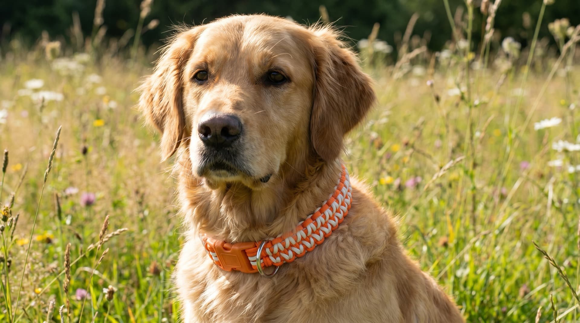 Golden retriever wearing custom hand-tied orange/white paracord collar