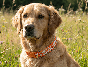 Golden retriever wearing an orange paracord collar