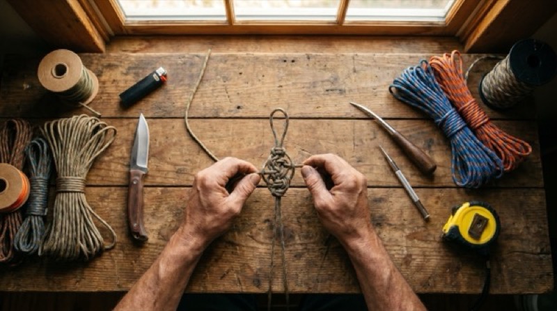 Hands tying a paracord knot on a wooden workbench